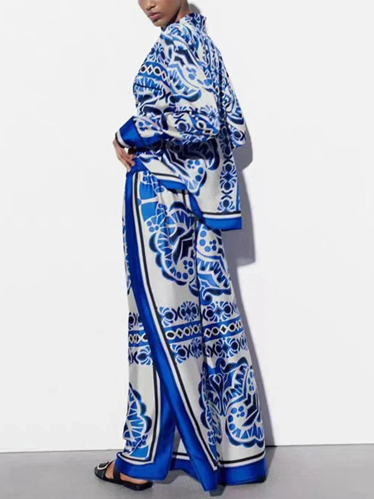 Zbza Women'S Fashion Blue Printed Satin Shirt New