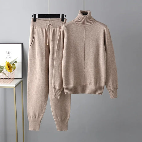 New Pieces Set Women Knitted Tracksuit Turtleneck Sweater