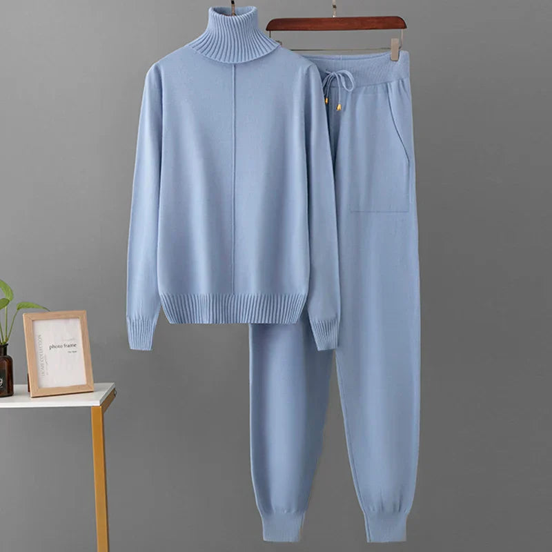 New Pieces Set Women Knitted Tracksuit Turtleneck Sweater