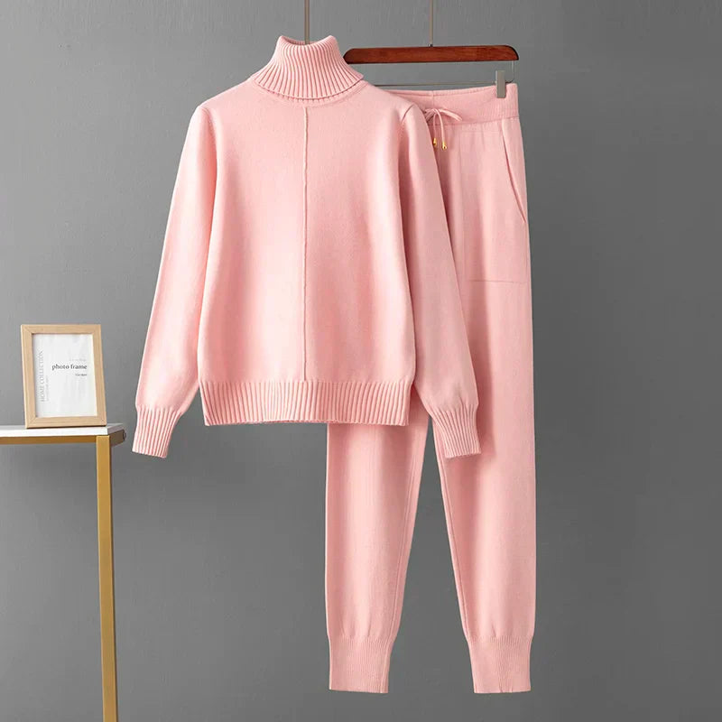 New Pieces Set Women Knitted Tracksuit Turtleneck Sweater