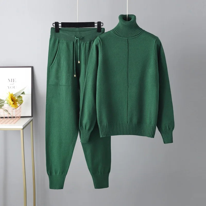 New Pieces Set Women Knitted Tracksuit Turtleneck Sweater