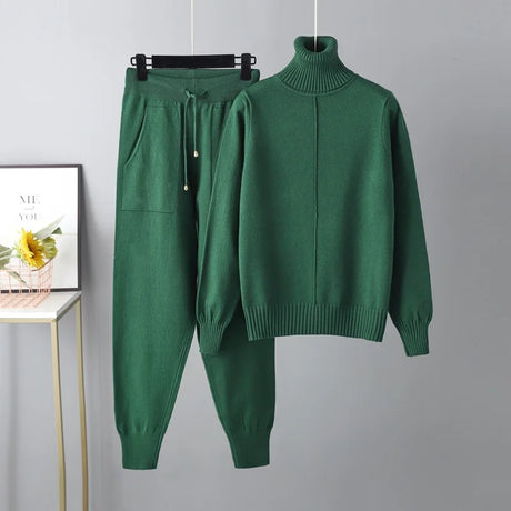 New Pieces Set Women Knitted Tracksuit Turtleneck Sweater