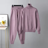 New Pieces Set Women Knitted Tracksuit Turtleneck Sweater