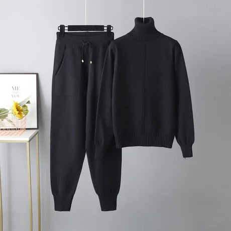 New Pieces Set Women Knitted Tracksuit Turtleneck Sweater