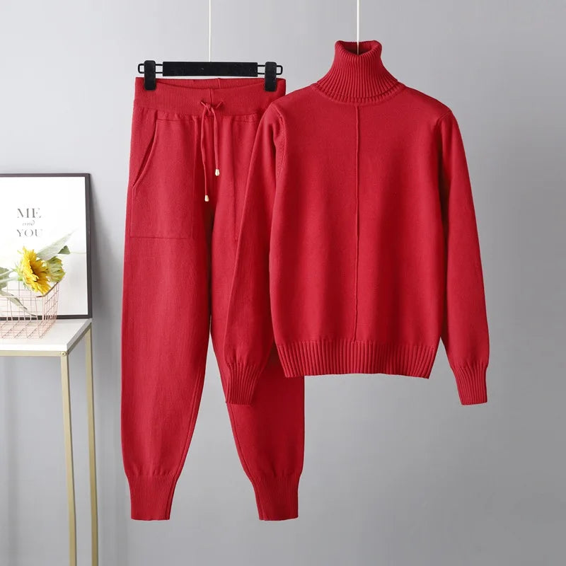 New Pieces Set Women Knitted Tracksuit Turtleneck Sweater
