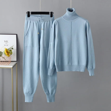New Pieces Set Women Knitted Tracksuit Turtleneck Sweater