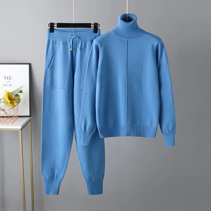 New Pieces Set Women Knitted Tracksuit Turtleneck Sweater
