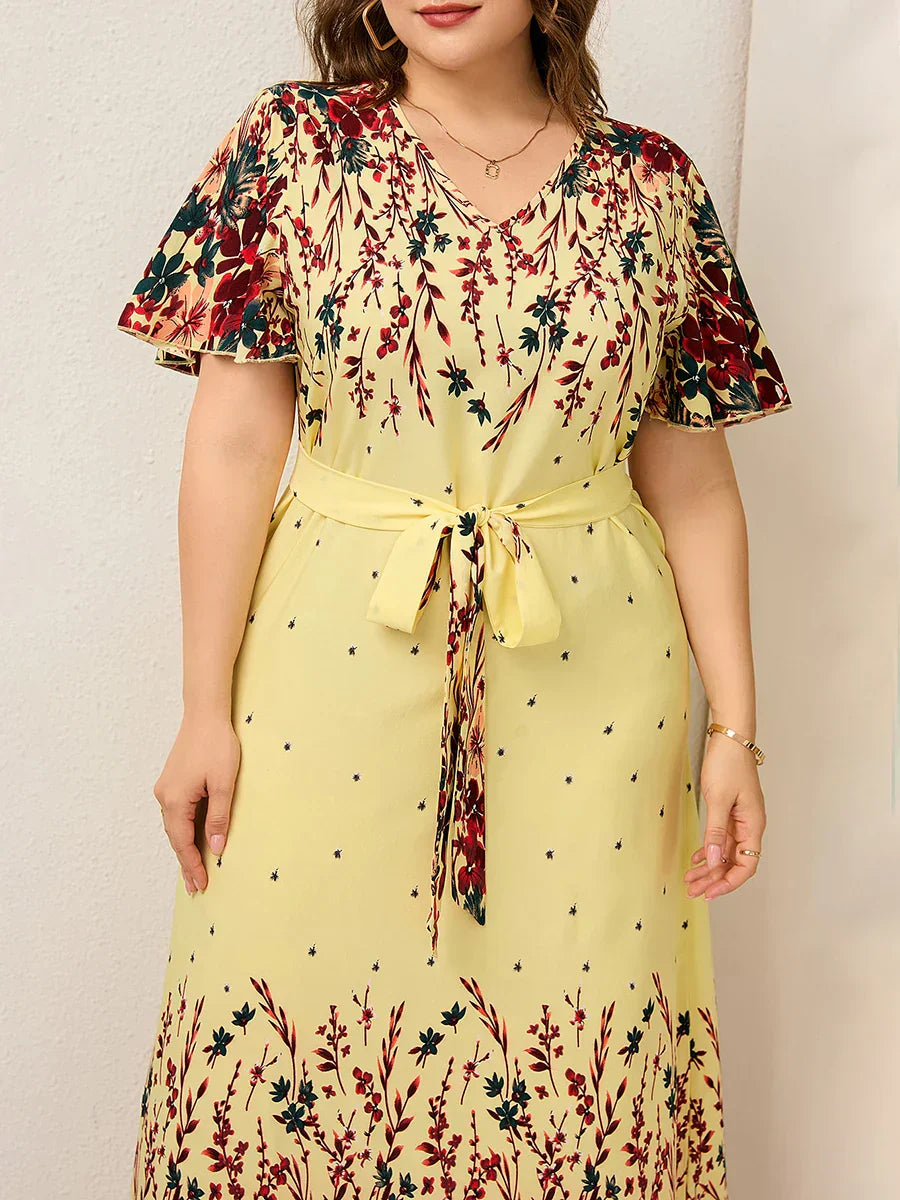 Women Summer Long Dress V Neck Short Sleeve