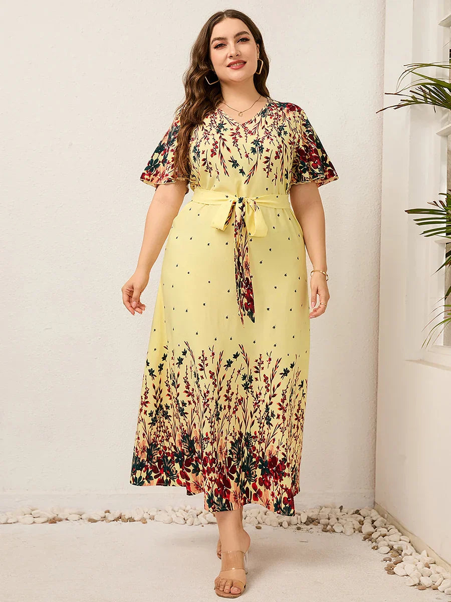 Women Summer Long Dress V Neck Short Sleeve