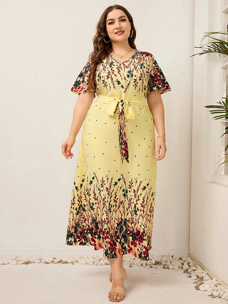 Women Summer Long Dress V Neck Short Sleeve