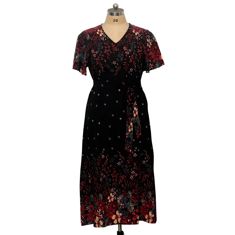 Women Summer Long Dress V Neck Short Sleeve