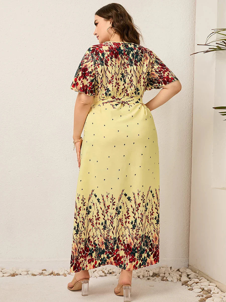 Women Summer Long Dress V Neck Short Sleeve