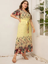 Women Summer Long Dress V Neck Short Sleeve