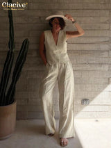 Clacive Summer White Linen Two Piece Set For