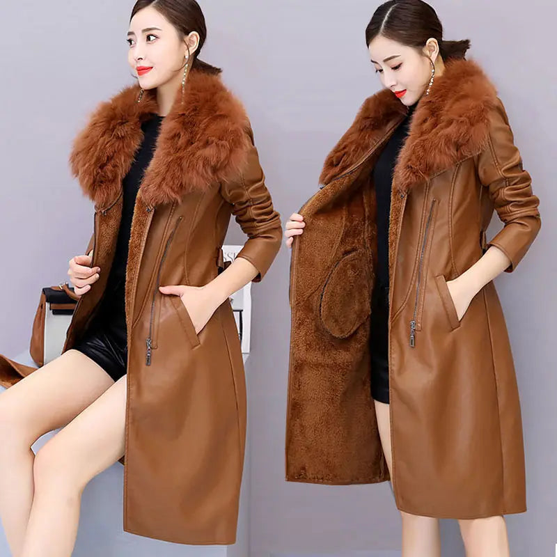 Women'S Leather Jacket Winter New Add Velvet Warm