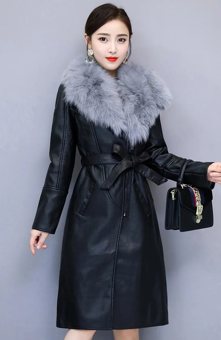 Women'S Leather Jacket Winter New Add Velvet Warm