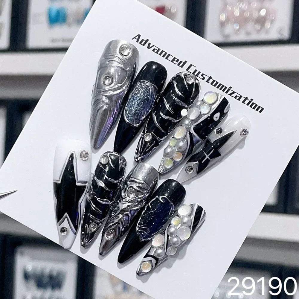 Handmade Yk Press On Nails Long Almond Punk