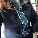 Korean Fashion Sweater Jacket Spring Autumn Denim Patchwork