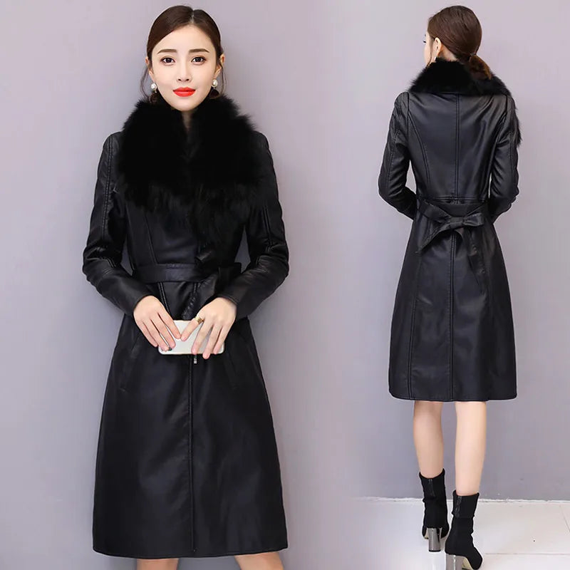 Women'S Leather Jacket Winter New Add Velvet Warm