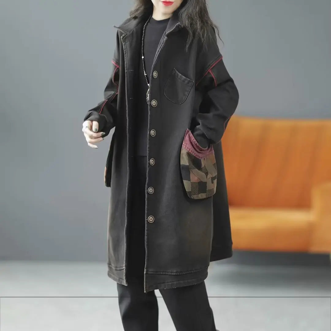 Lady Denim Coat Winter Autumn Pockets Loose Cardigan