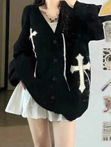 Loose Streetwear Embroidery Cardigan Women Korean Jacquard Oversized