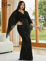 Missord Women Black Evening Dress Elegant V-Neck Flare