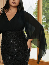 Missord Women Black Evening Dress Elegant V-Neck Flare
