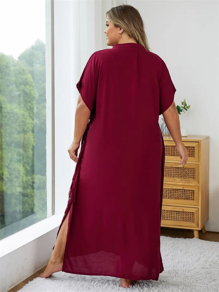 Summer Bohemian Embroidery Sexy V Neck Kaftan Long
