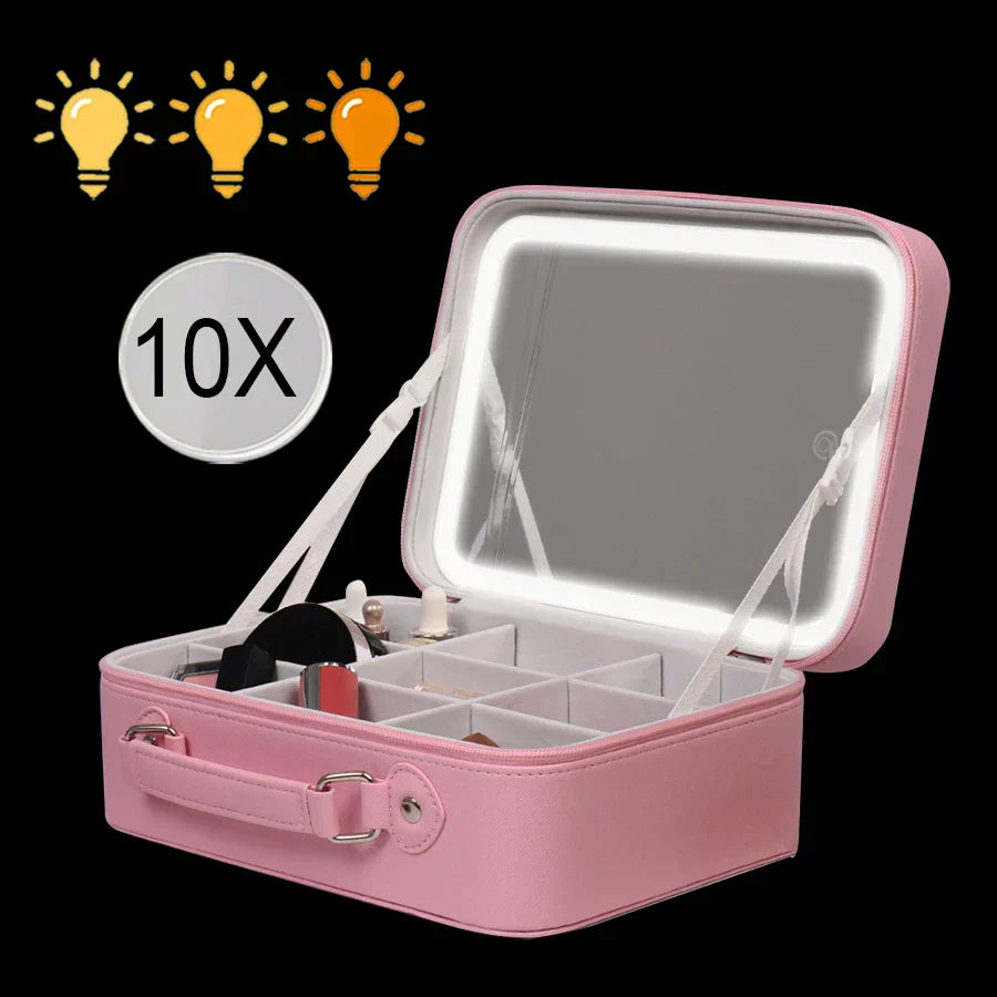 Portable LED Makeup Mirror & Travel Cosmetic Case in PU Leather