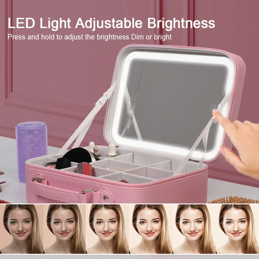 Portable LED Makeup Mirror & Travel Cosmetic Case in PU Leather