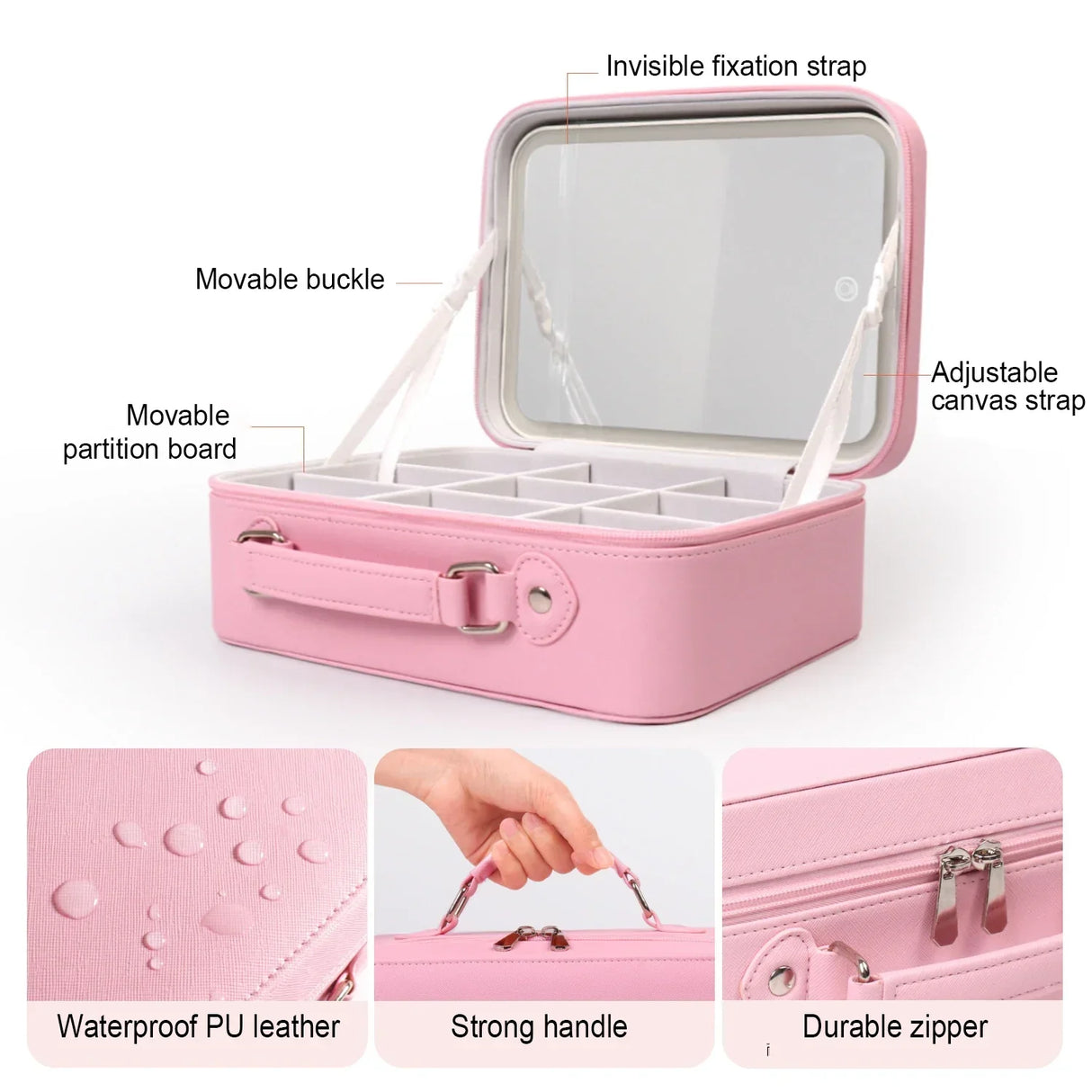 Portable LED Makeup Mirror & Travel Cosmetic Case in PU Leather