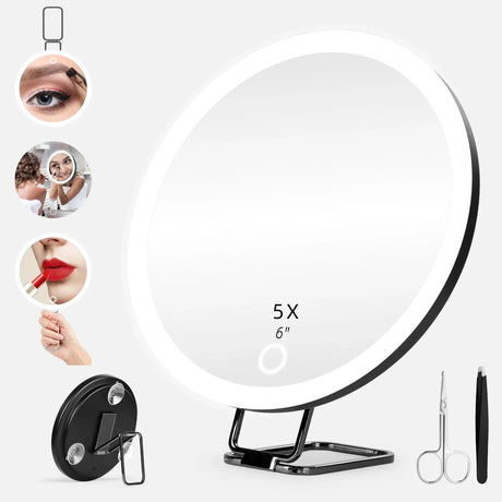 Portable Travel Magnified Mirror with 360° Adjustable Stand and Suction Cup