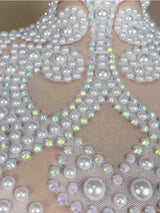 Luxury White Pearls Long Sleeves Women Bodysuit Transparent