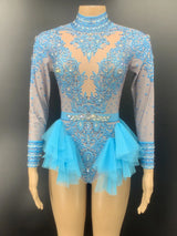 Sparkly Rhinestones Bodysuit Women Elastic Purple Mesh Ruffles
