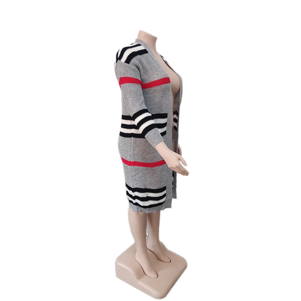 Plus Coat Dropped Shoulder Striped Loose Cardigan
