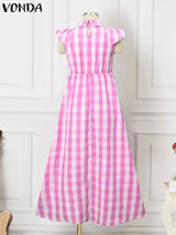 Vonda Summer Women Bohemian Plaid Dress Elegant Maxi