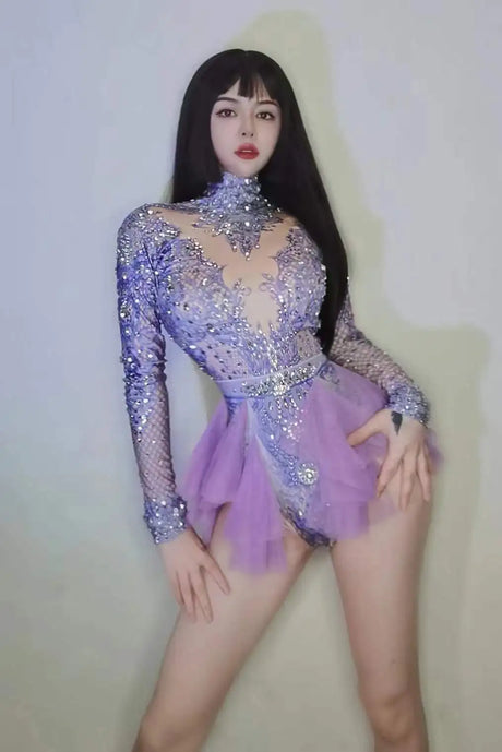 Pink Bodysuits For Women Rhinestone Long Sleeve Mesh