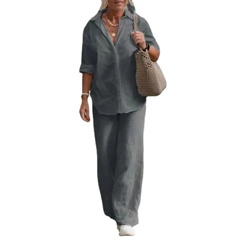 Long-Sleeved Shirt Casual Wide-Leg Pants Suit Piece Sets