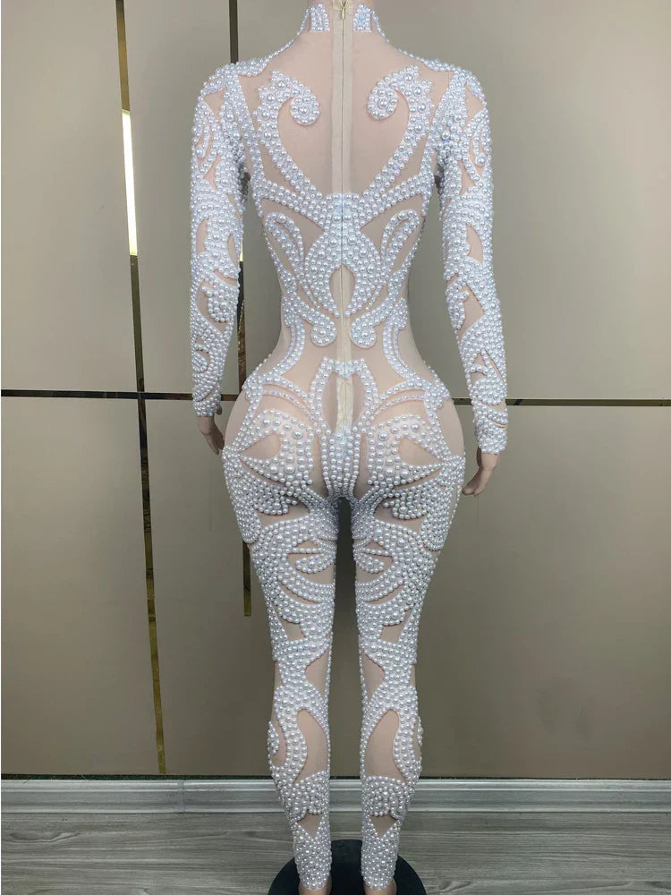 Luxury White Pearls Long Sleeves Women Bodysuit Transparent