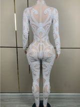 Luxury White Pearls Long Sleeves Women Bodysuit Transparent