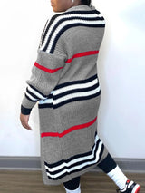 Plus Coat Dropped Shoulder Striped Loose Cardigan
