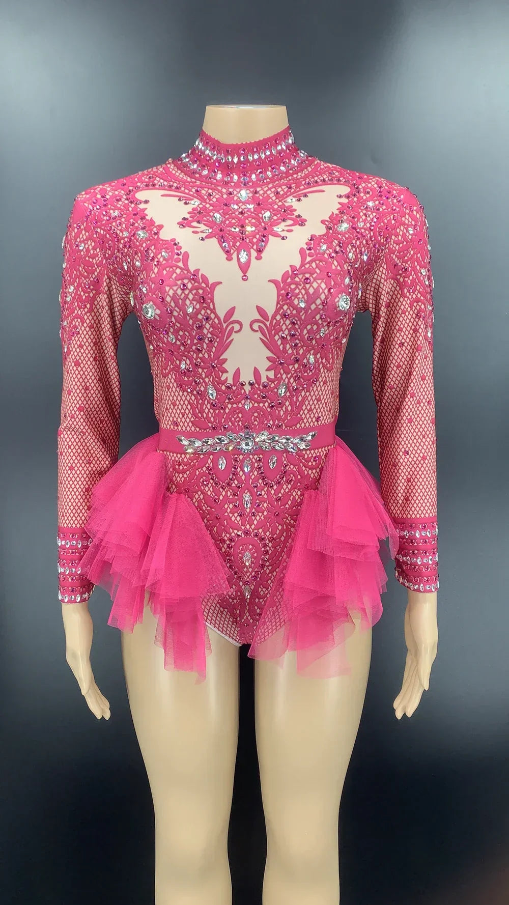 Sparkly Rhinestones Bodysuit Women Elastic Purple Mesh Ruffles