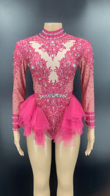 Sparkly Rhinestones Bodysuit Women Elastic Purple Mesh Ruffles