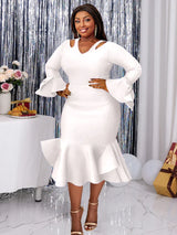 Mermaid Party Dress Long Flare Sleeve Cold Shoulder