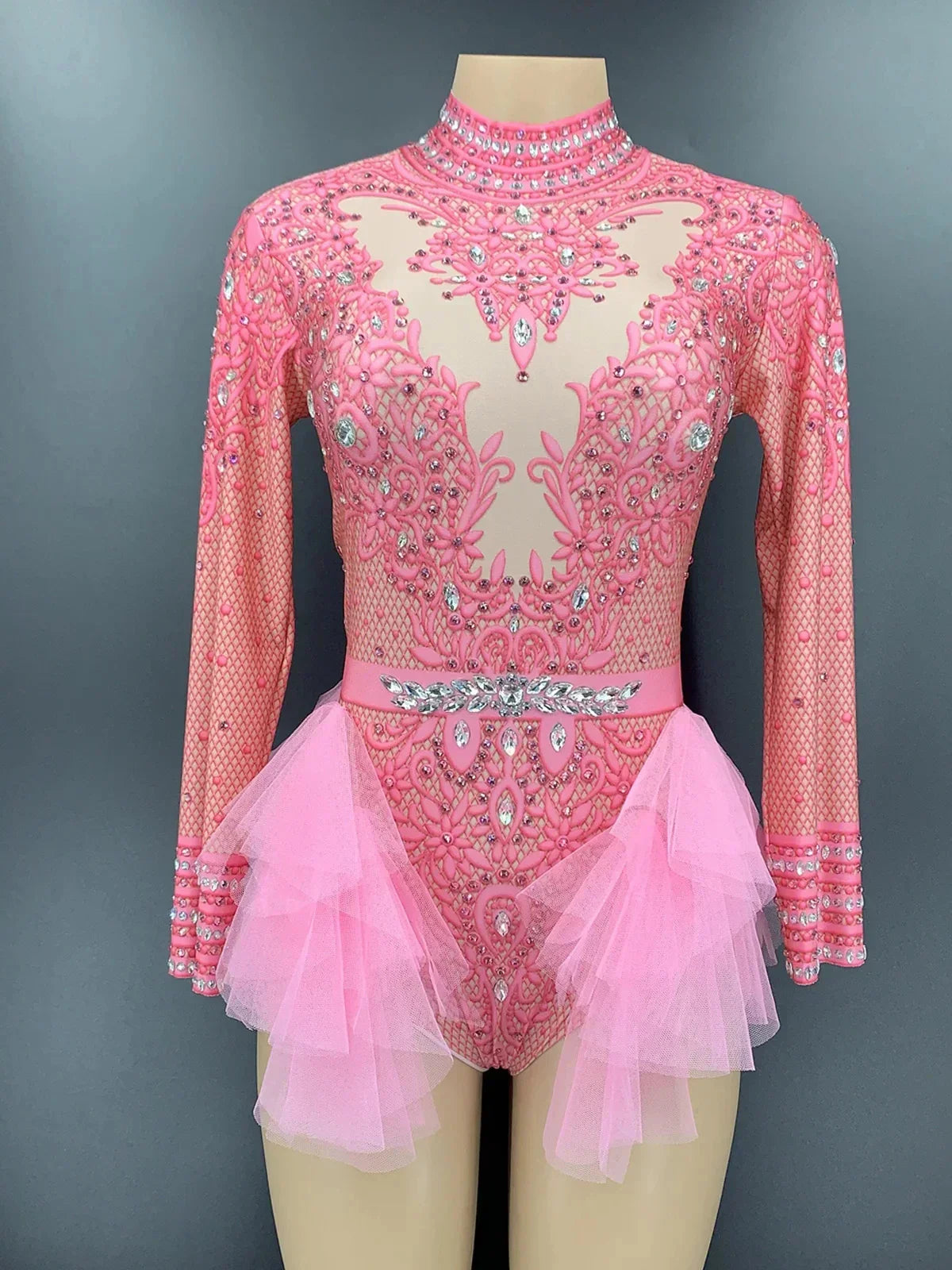 Sparkly Rhinestones Bodysuit Women Elastic Purple Mesh Ruffles