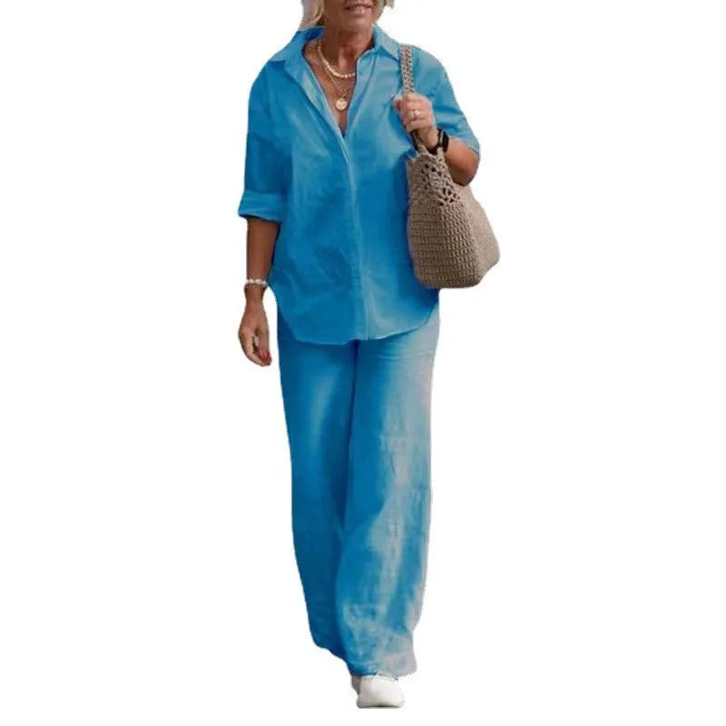 Long-Sleeved Shirt Casual Wide-Leg Pants Suit Piece Sets