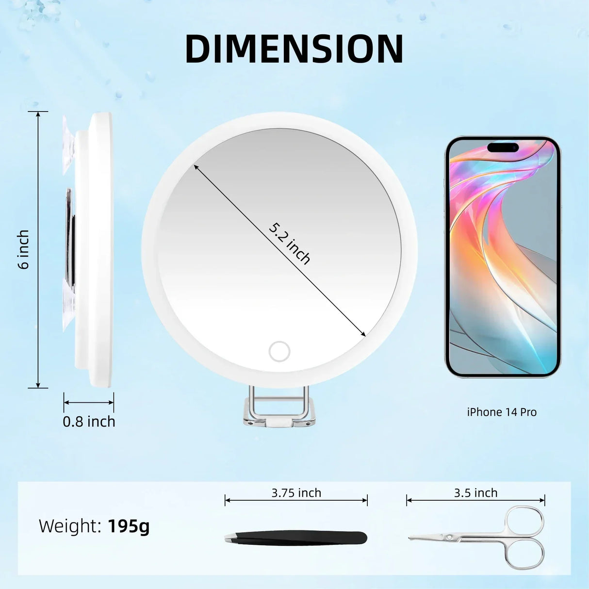 Portable Travel Magnified Mirror with 360° Adjustable Stand and Suction Cup