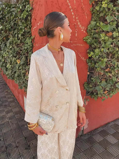 Vintage Print Blazer Pants Suits For Women Double