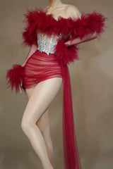 Red Mesh Sequins Pcs Set Dress Cheerleading Las
