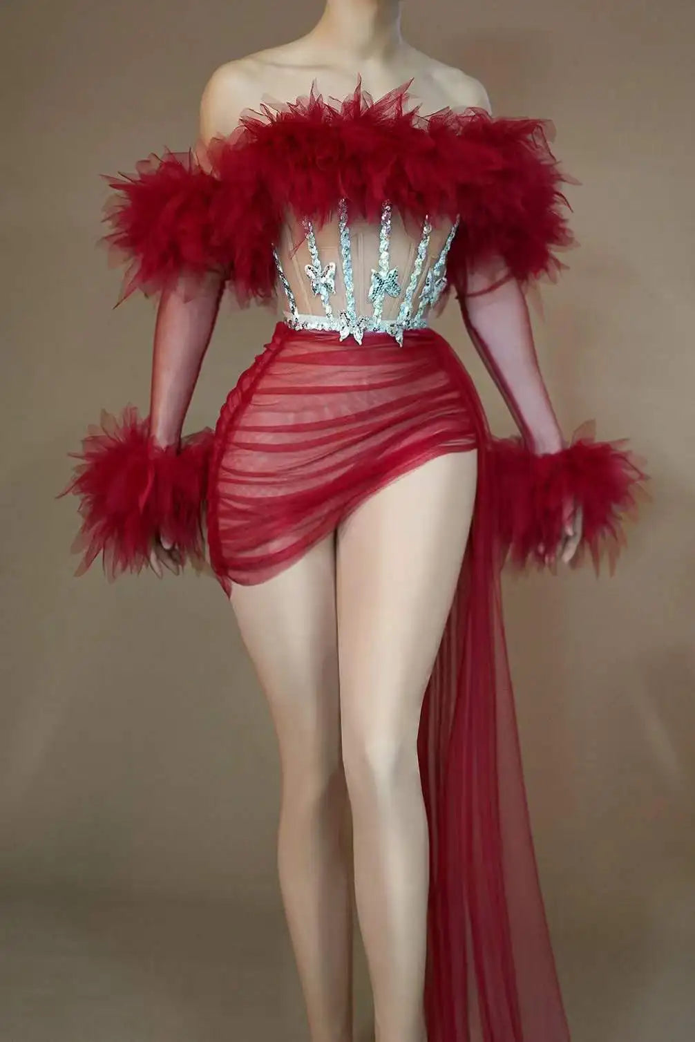 Red Mesh Sequins Pcs Set Dress Cheerleading Las